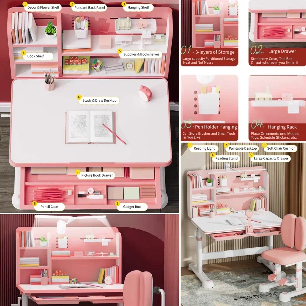 Ensemble de bureau et chaise réglables pour enfants, table d'étude ergonomique pour enfants, bureau inclinable, poste de travail à proximité, écriture scolaire, recommandé, 31.5 "W