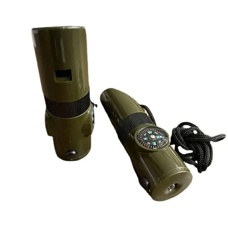 7 In 1 Jungle Survival Fluit Wandelen Fluit Kompas Spiegel Zaklamp Vergrootglas Led Licht Thermometer Opslag Kompas Tool