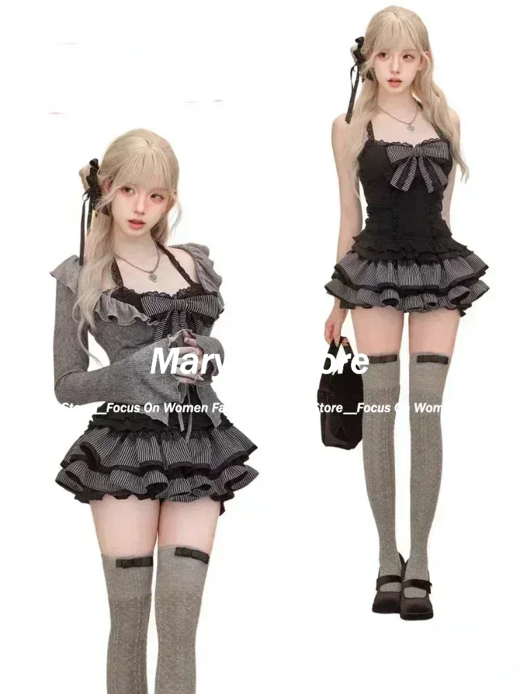 秋の新和菓子ロリータ衣装 3 点セット女性カジュアルニットカーディガン + セクシーなスリムレースベストトップス + ハイウエストショーツ