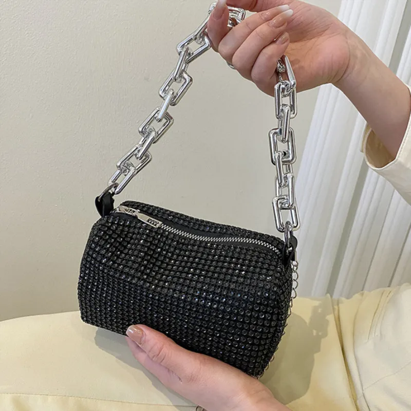 Allover Rhinestone Bucket Bag, brokatowa torebka na studniówkę z łańcuszkiem, damska mini torba na ramię (6,3*3,54) cala