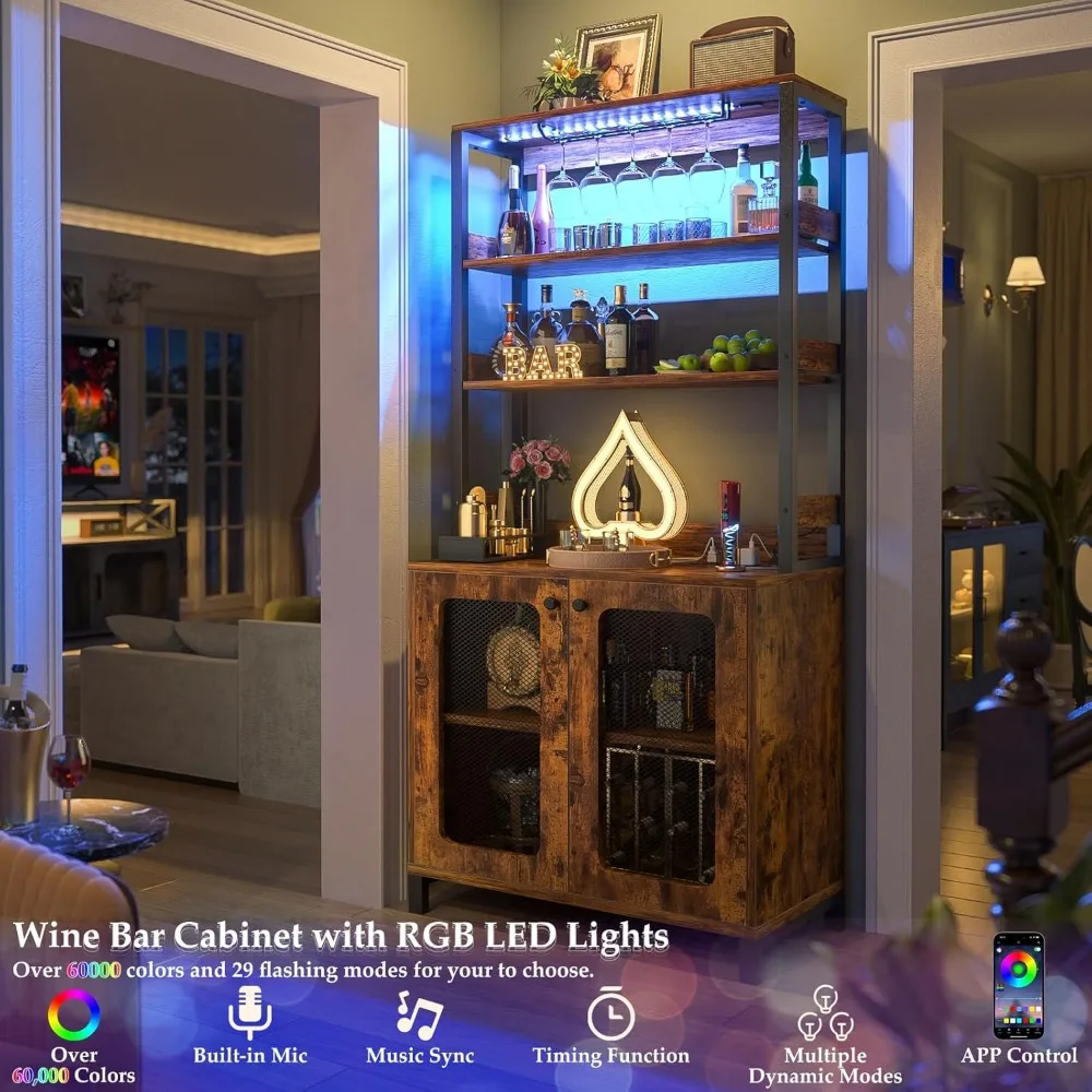Bar Cabinet with Power Outlets,  67" Tall Wine Bar Cabinet Liquor Cabinet with LED Lights & Glass Holder