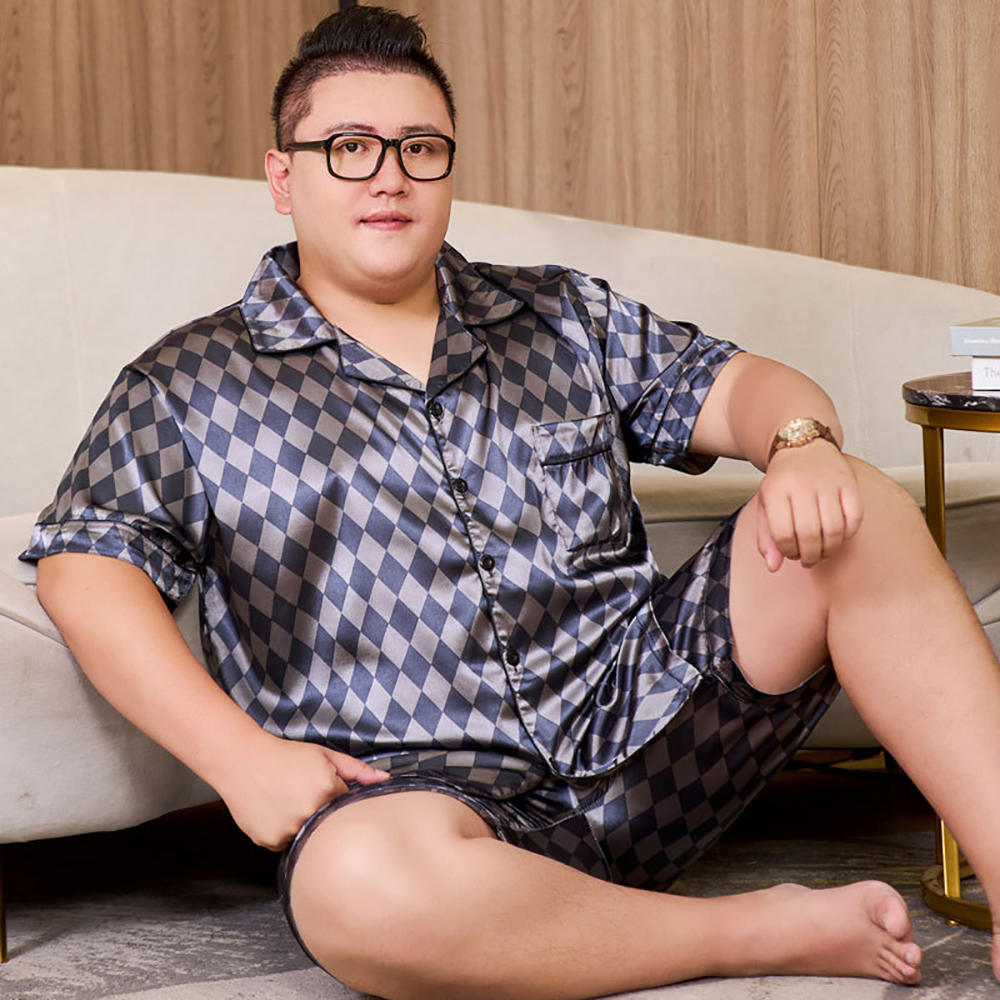 メンズシルクパジャマ,通気性,カジュアル,チェック,ラージサイズ,3XL〜5XL, 165kg,夏