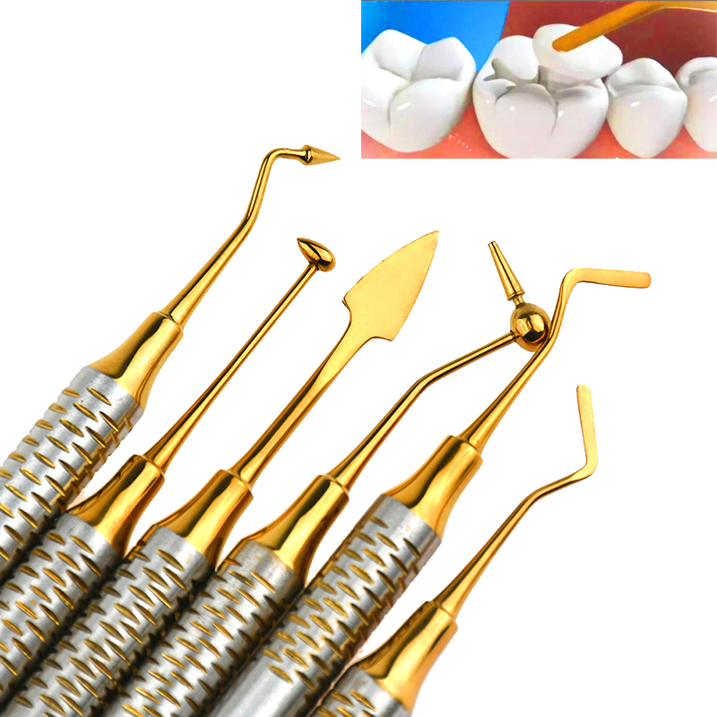 6PCS Tandheelkundige Composiet Hars Vullen Set Spatel Dikke Handvat Titanium Plated Head Tool Filler Tandheelkunde Instrument Materialen