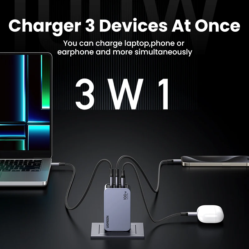 Cargador UGREEN 100W GaN USB C con Carga Rápida QC4.0 y 3.0 para Macbook, Laptop, Tablet y Carga Rápida PD para iPhone 17, 16, 15 Pro