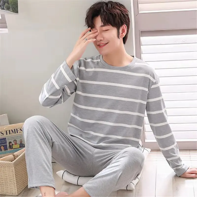 2er-Set Herren-Pyjama-Set mit langen Ärmeln, langen Hosen, Studenten-Nachtwäsche, Homewear, Cartoon-O-Ausschnitt, gestreifte Nachtwäsche, Loungewear