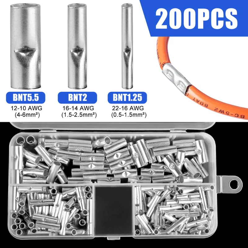 200 Uds. Casquillos de conector de Cable a tope no aislados Terminal de Cable eléctrico Terminal de engarzado estañado 0,5-6 mm2 22-10AWG