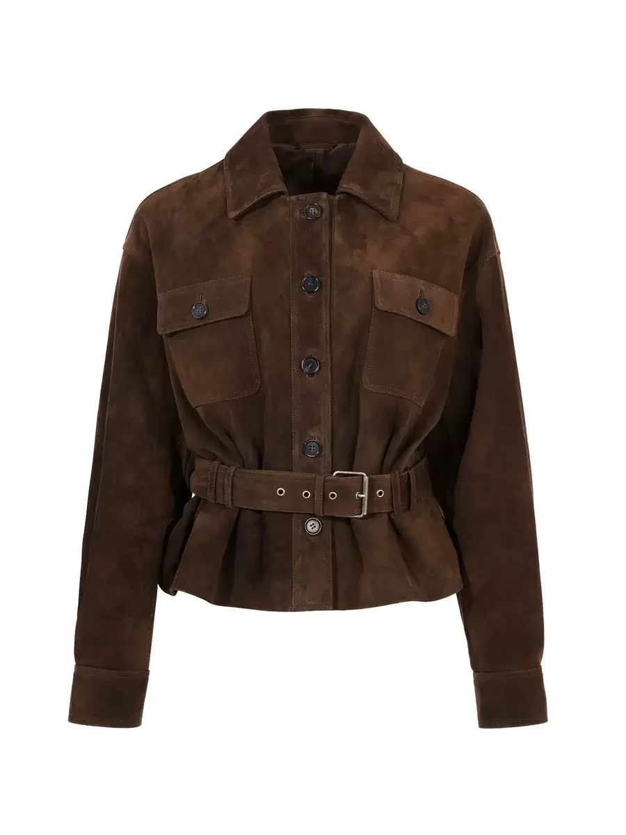 Frühling Marke Neue Wildleder Leder Jacke für Frauen Kragen Tasche 100% Schaffell Slim Fit Mantel Mit Gürtel Schwarz Hemd Vestes Femmes