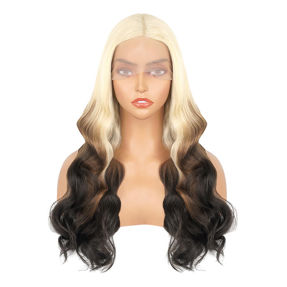 OmBre-pelucas de encaje Rubio resaltado para mujer, pelucas frontales de encaje sintético, cuerpo ondulado 13X4, línea de cabello prearrancada con peluca de pelo de bebé