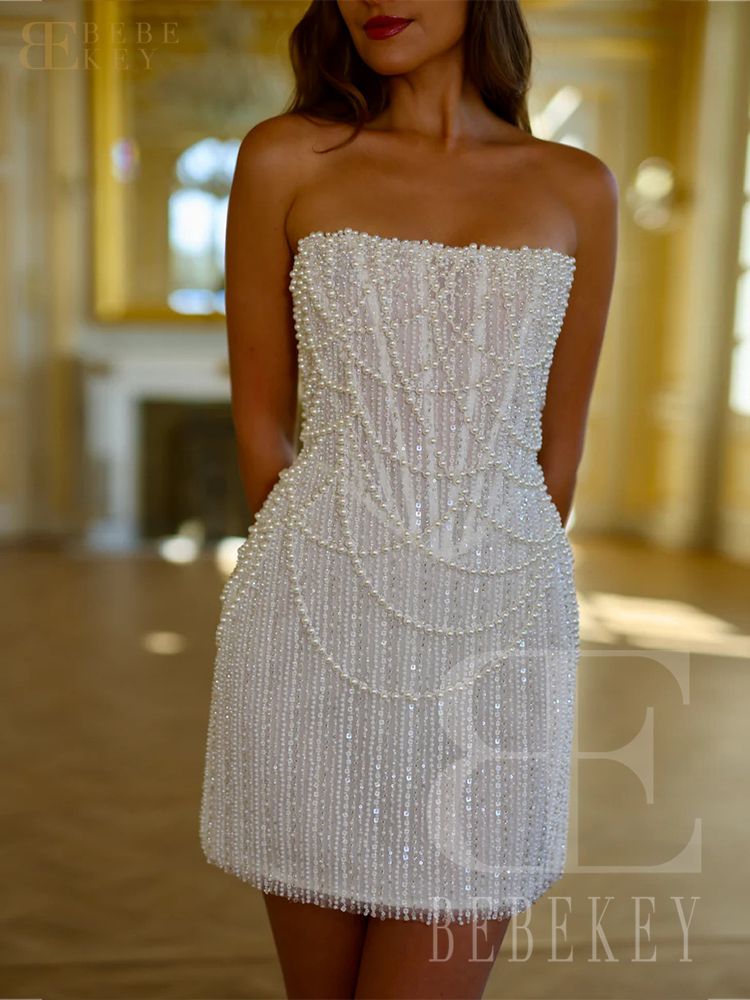 BEBEKEY personnalisé perles courtes perles robe de bal sans bretelles Mini jupe robes de soirée formelles robe de soirée vestidos de noche
