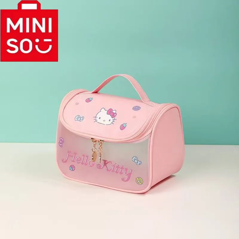 MINISO Hello Kitty Borsa per trucco portatile Borsa portaoggetti trasparente per bagno da viaggio di grande capacità per ragazze