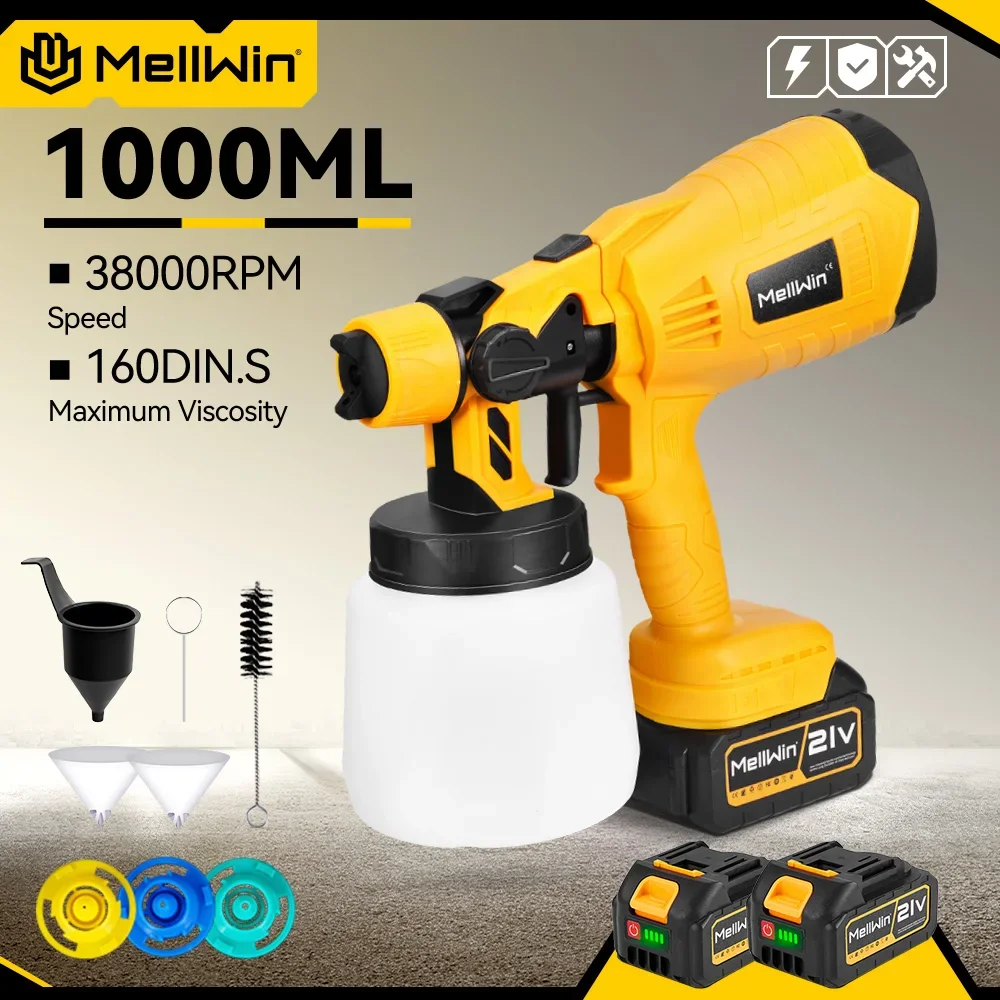 MELLWIN 1000ML Cordless Electric Spray Gun Household Paint Sprayer Furniture Steel Coating Airbrush For Makita 18V Battery Pin