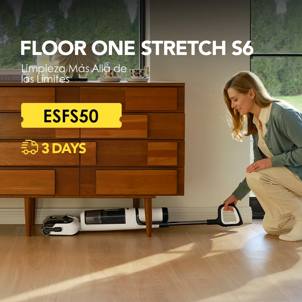 Tineco Floor One Stretch S6 Aspiradora en Seco y Húmedo Posición Plana de 180° Diseño Compacto de 13 cm Autolimpieza Limpieza por Las Tres Caras Flashdry a 70 °C en 5 Minutos