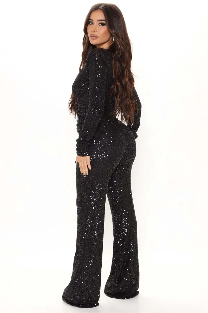 Neue Mode Pailletten Overall Für Frauen Langarm V-ausschnitt Drapierte Herbst Winter Strampler Berühmtheit Abend Party Club Insgesamt