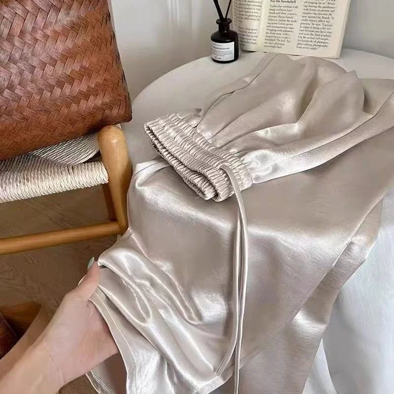 Ele Acetate Satin Wide Leg Pants Women's Summer New High Waist Elastic Texture Sensation Casual Straight Long Trousers