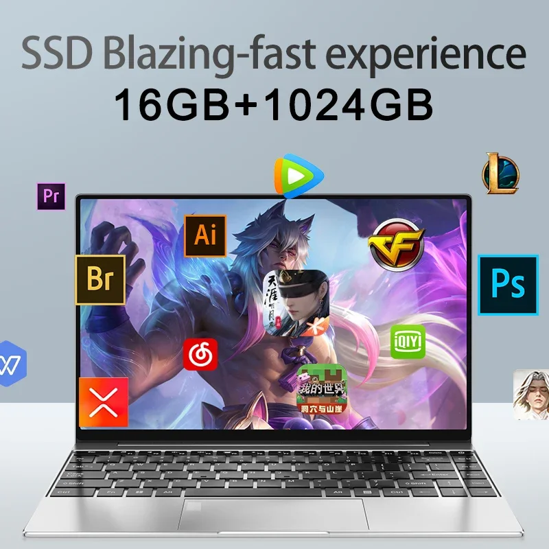 Nieuwe 14,1-inch slanke laptop Intel Celeron N3700 quad-core processor, 16 GB RAM + 2 TB opslag, 1920x1080 FHD-scherm en Windows 11