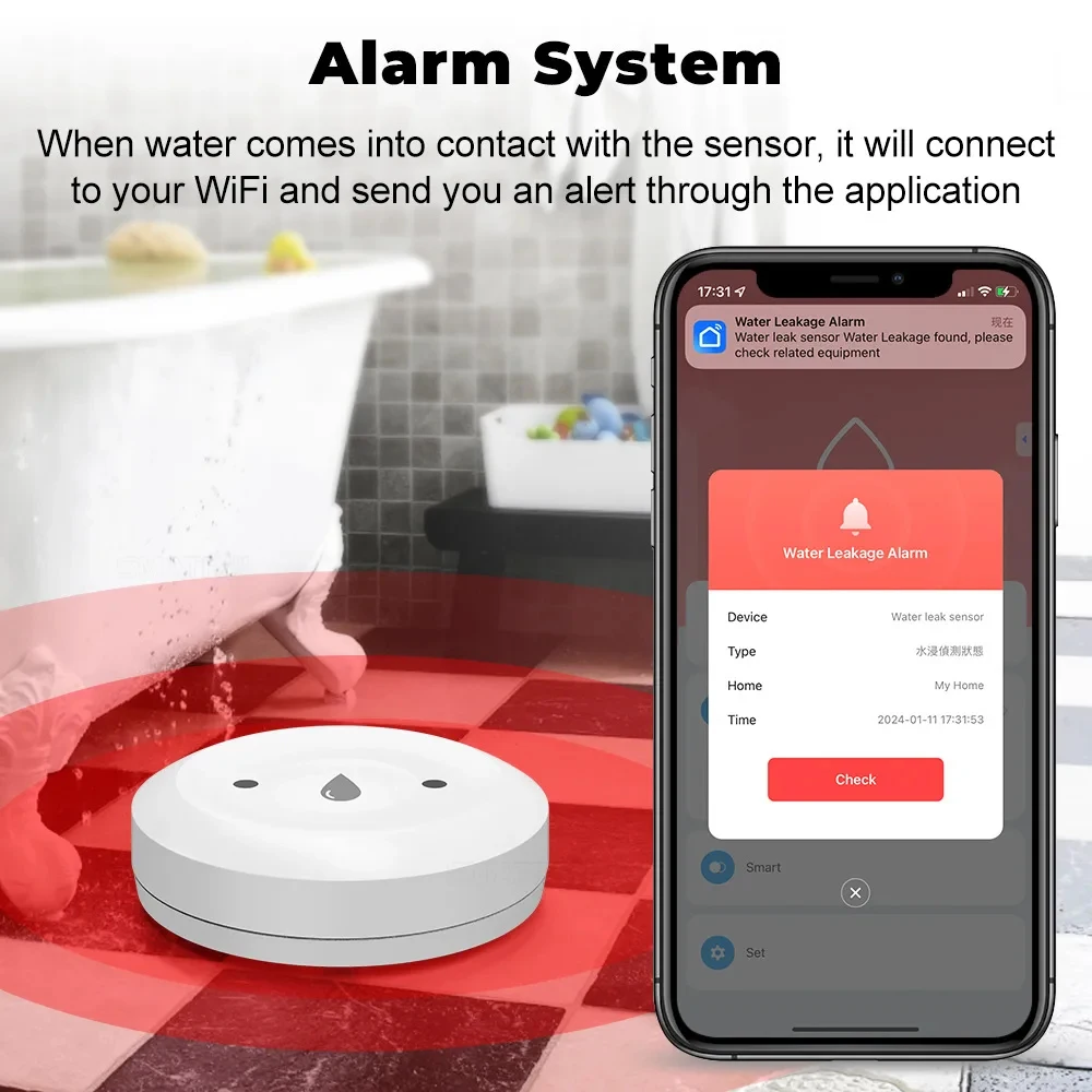 Tuya Zigbee capteur d'eau détecteur de fuite d'inondation liaison d'eau App capteur d'alarme pour cuisine/salle de bain Support vie intelligente Zigbee2mqtt