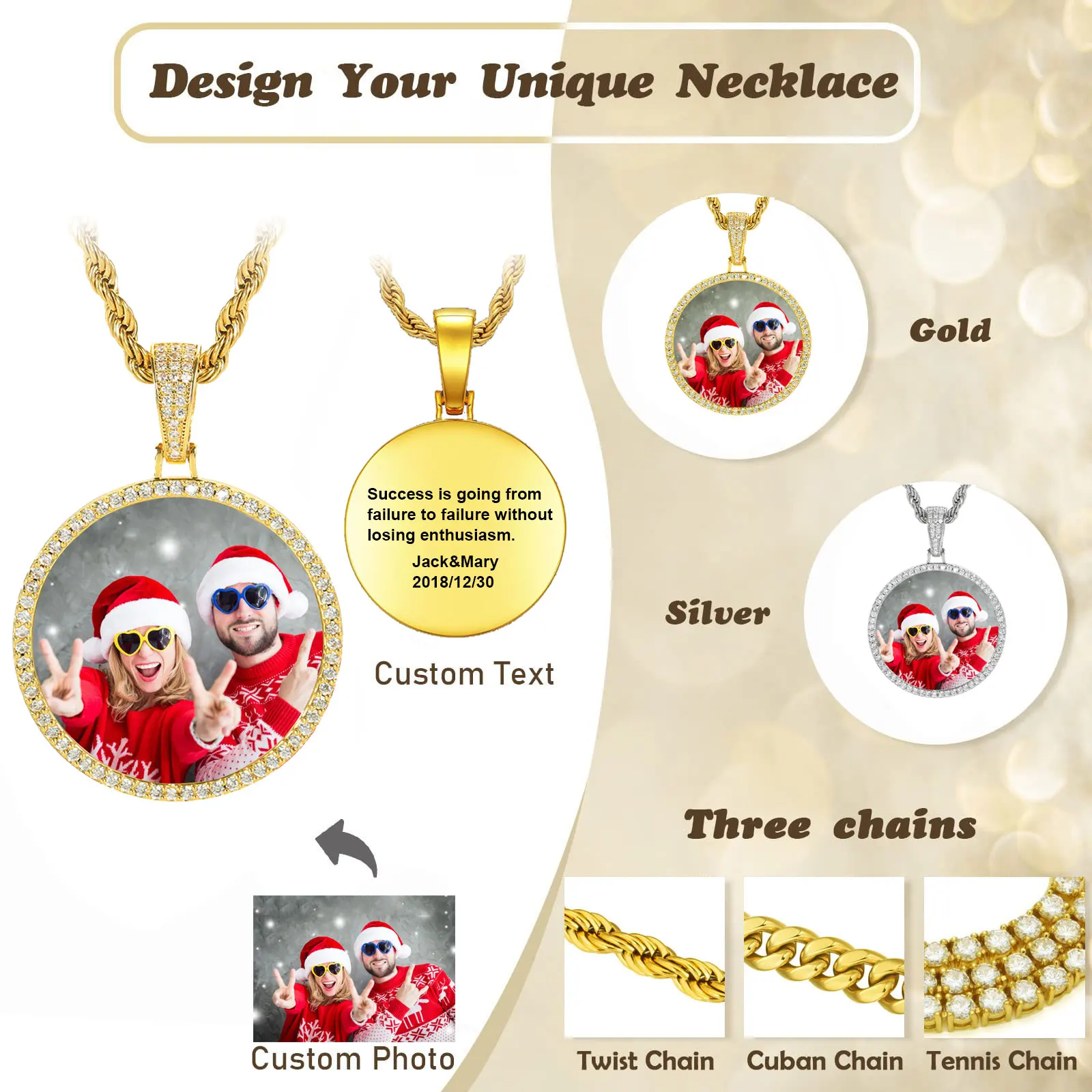 Colares com pingente de imagem personalizada, joias de hip hop, corrente circular personalizada, medalha de memória, pingente, presentes de natal