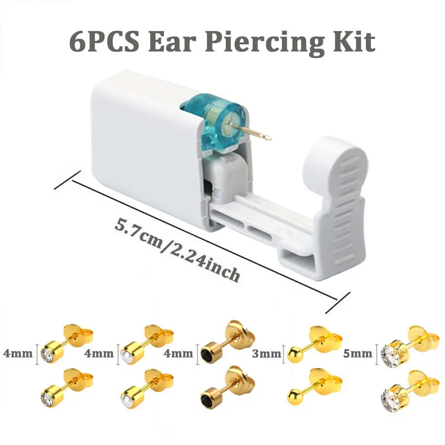 Kit per piercing all'orecchio da 6 pezzi, pistola per piercing all'orecchio usa e getta con orecchini a bottone integrati in acciaio inossidabile ﻿