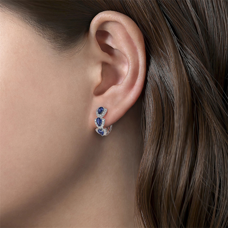 Huitan หรูหราอินเทรนด์ Blue Cubic Zirconia Hoop ต่างหูงานแต่งงาน Elegant อุปกรณ์เสริมสําหรับผู้หญิงของขวัญครบรอบเครื่องประดับใหม่
