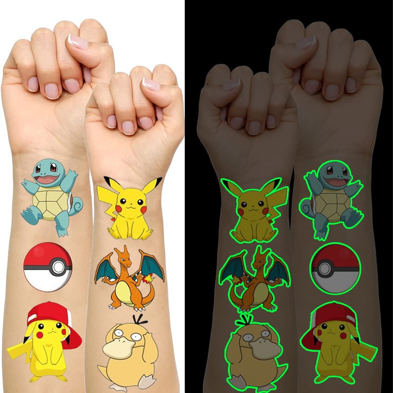 Tatuagens luminosas pokémon para crianças, estilos pikachu, tatuagens temporárias, adesivos, meninos, meninas, brilho, suprimentos para festa, presentes para crianças