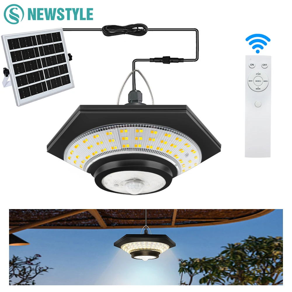 Solarne lampy wiszące na szopy Zewnętrzne 228 diod LED 5 trybów Solarne światło z czujnikiem ruchu Wodoodporne zdalne timery Stodoła Gazebo Garaż Ogród