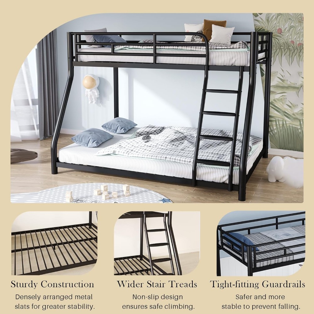 Metal Bunk Bed, Full Size Bed Frame for Adults, Twin Over Full Bunk Bed with Safety Guardrail and Ladder, Bed Twin (Black)