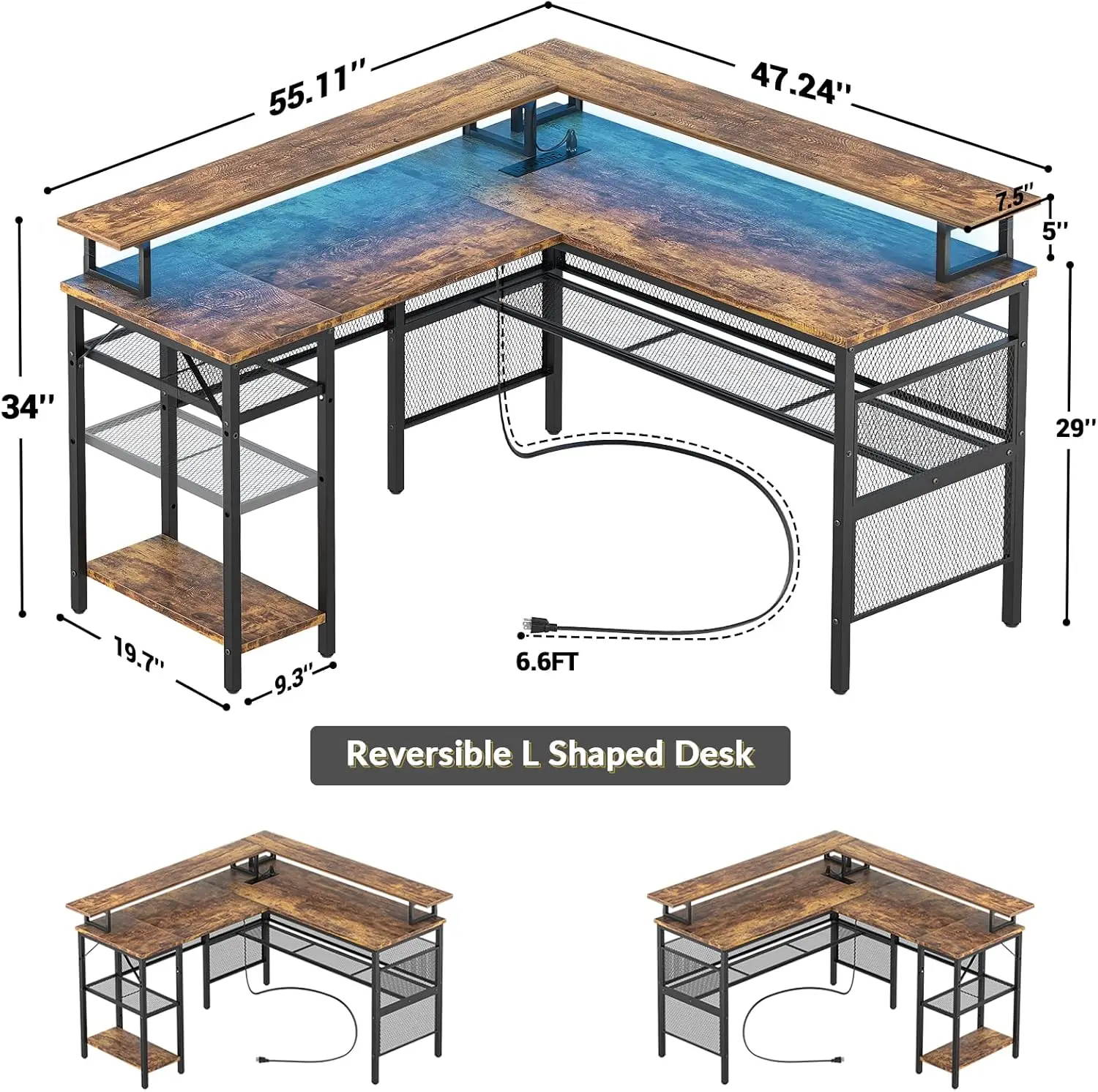 L Shaped Desk with LED Light and Power Outlet, Reversible Corner Computer Table with Monitor Stand and Storage Shelf, Modern L-