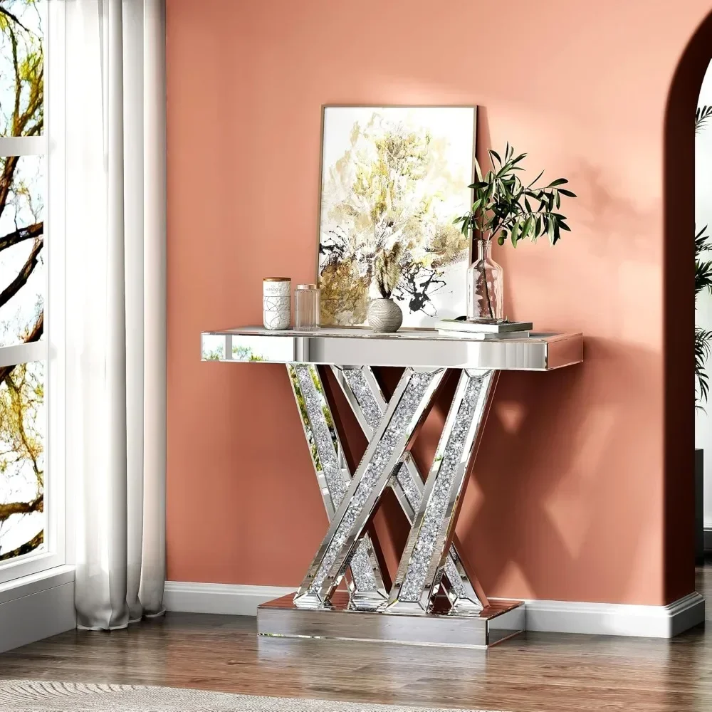 Decorative table Style W Silver Entryway Table Inlay with Sparkly Crushed Crystals, 35 inches Table for Living Room Hallway