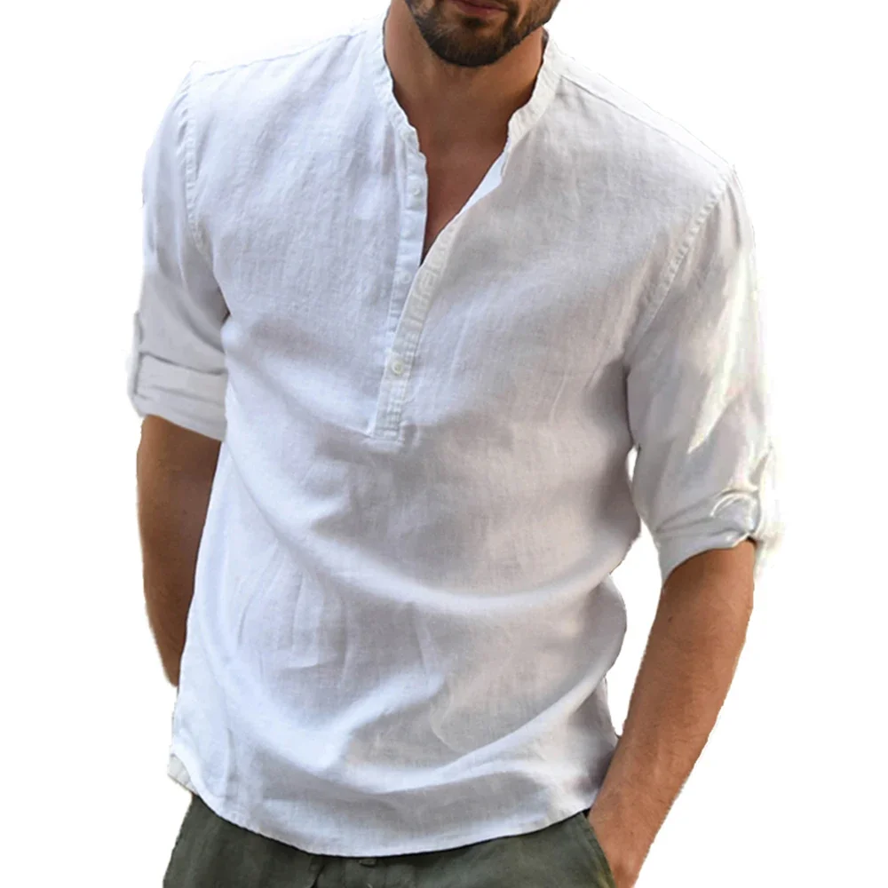 Camicie a maniche lunghe da uomo in cotone e lino vendita calda estate tinta unita colletto alla coreana Casual Beach Style Plus Size top uomo in lino
