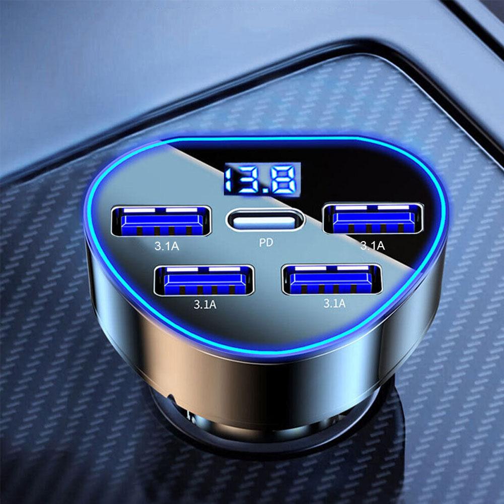Carregador de carro com 5 portas para iPhone, Adaptador de carregamento rápido, USB tipo C, isqueiro, PD, QC3.0, 66W