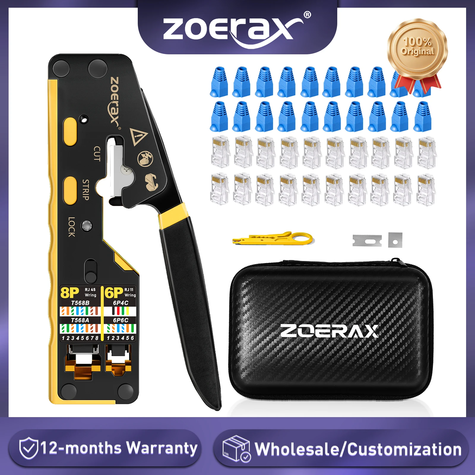 Набор сетевых инструментов ZoeRax RJ45 с инструментом для обжима CAT6, 20 шт. разъемов CAT6 CAT5 и крышками для зачистки проводов, мини-дисплей, лезвиями,