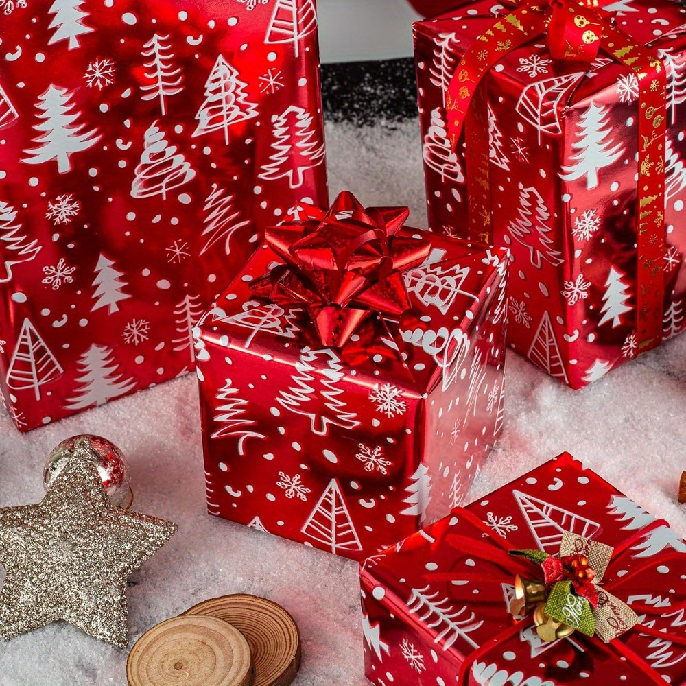 1 Roll Christmas Red Wrapping Paper 17 In X 33 Ft Luxury Metallic Shiny Red Christmas Tree and Snow Foil Roll Winter HolidayGift