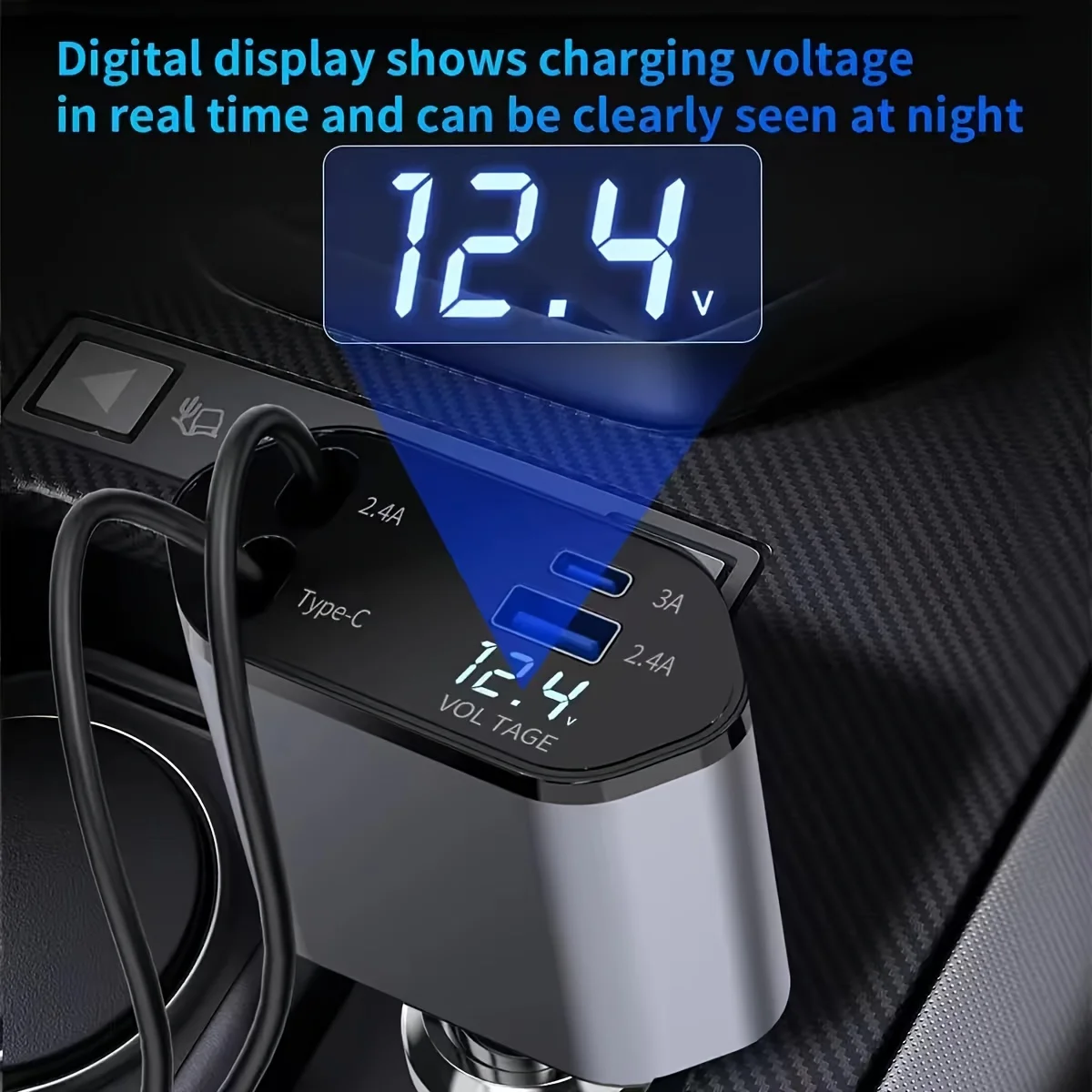 格納式カーチャージャー、4 in 1急速充電カーチャージャー120W、格納式ケーブルと2つのUSBポートカーチャージャーアダプター互換