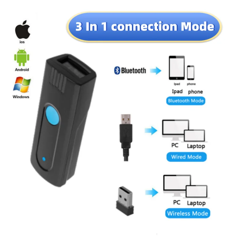Мини-карманный сканер штрих-кода Беспроводной Bluetooth Мгновенный режим загрузки или хранения Дополнительная поддержка IOS Android Система Windows