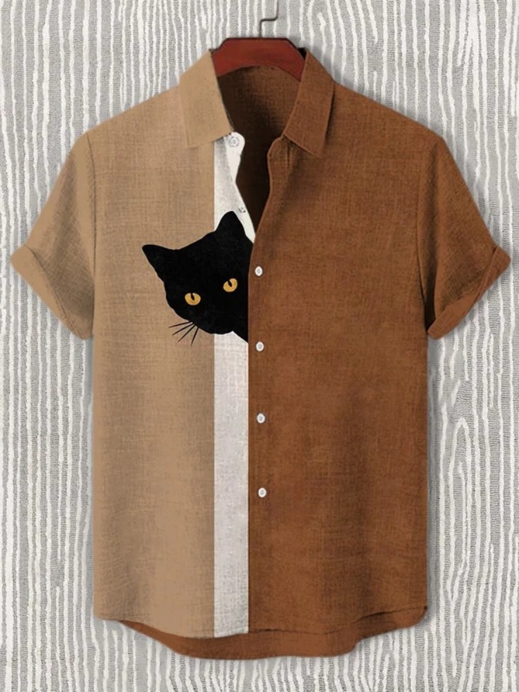 Мужские забавные рубашки Harajuku, японская мужская забавная повседневная рубашка с принтом черного кота, 2024, летняя праздничная блузка с 3D принтом T