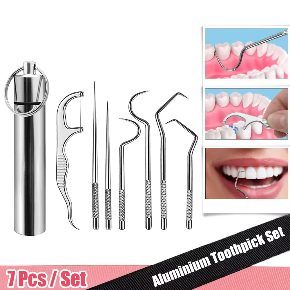 7 teile/satz Aluminium Zahnstocher Set Zahn Zahnseide Wiederverwendbare Zahnstocher Tragbare Zahnstocher Zahnseide Zähne Reiniger Oral Reinigung