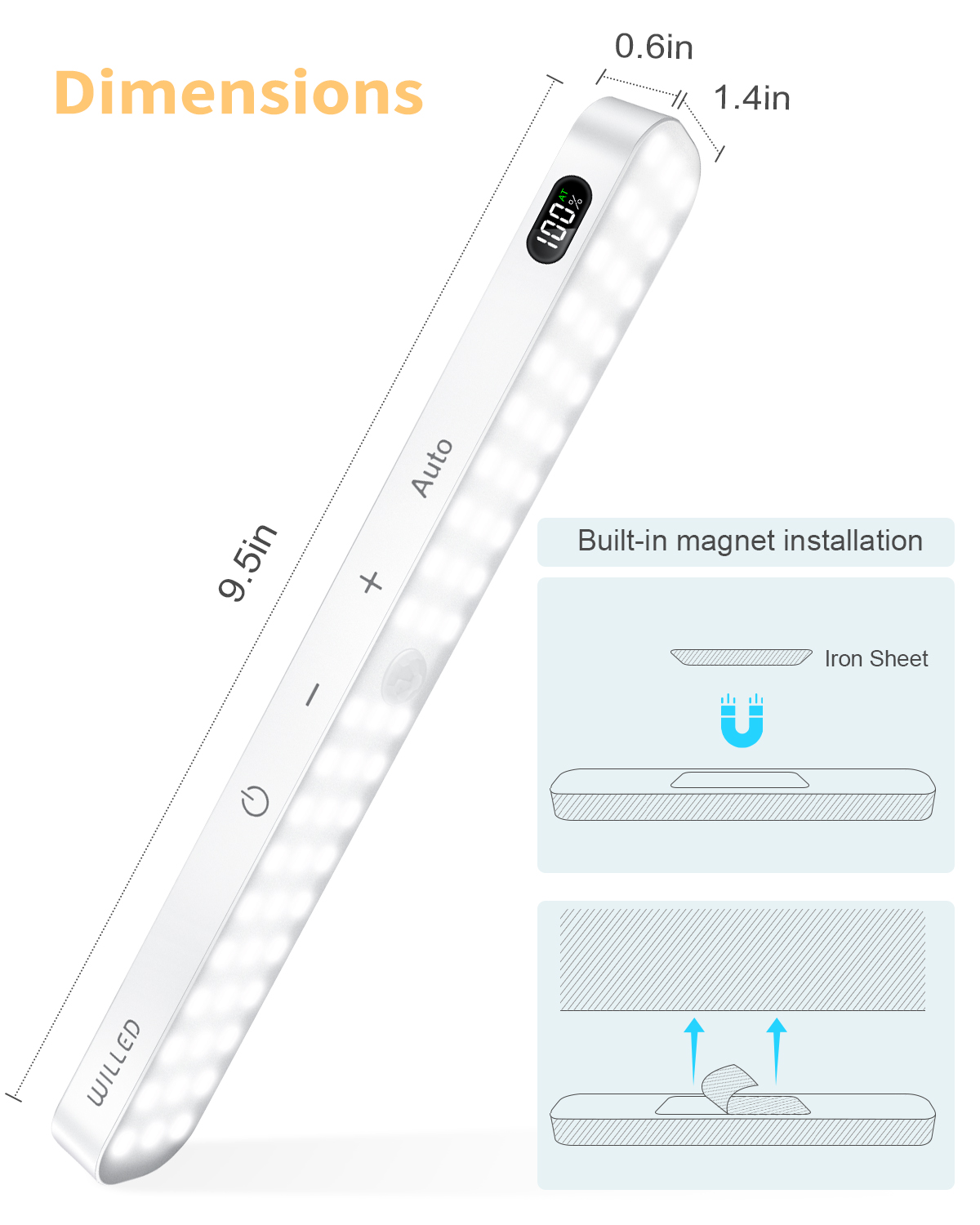 Lampe d'armoire avec capteur de mouvement WILLED, affichage de la batterie, barre lumineuse tactile à 60 LED, batterie Rechargeable sans fil, veilleuse