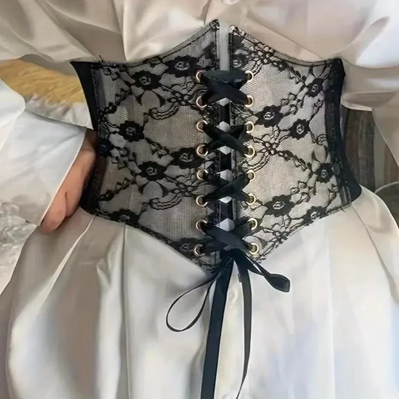 Fashionable wide version transparent lace waist waistband waist seal women's versatile dress top decorated with lace elastic wai