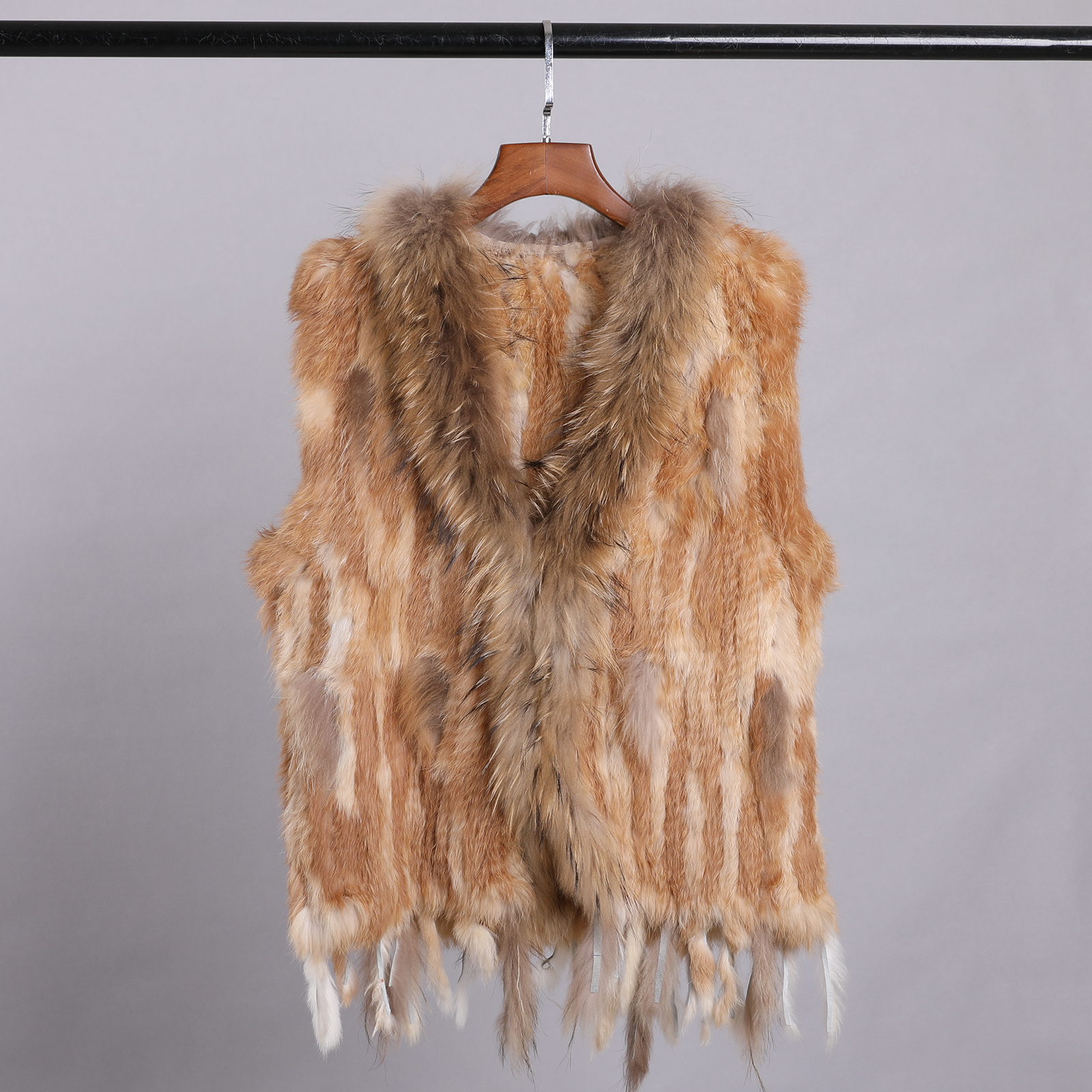 BOONJOVIA 女性の 100% 本物のウサギの毛皮ニットベストアライグマの毛皮トリム襟ジレ女性のファッションチョッキ秋冬