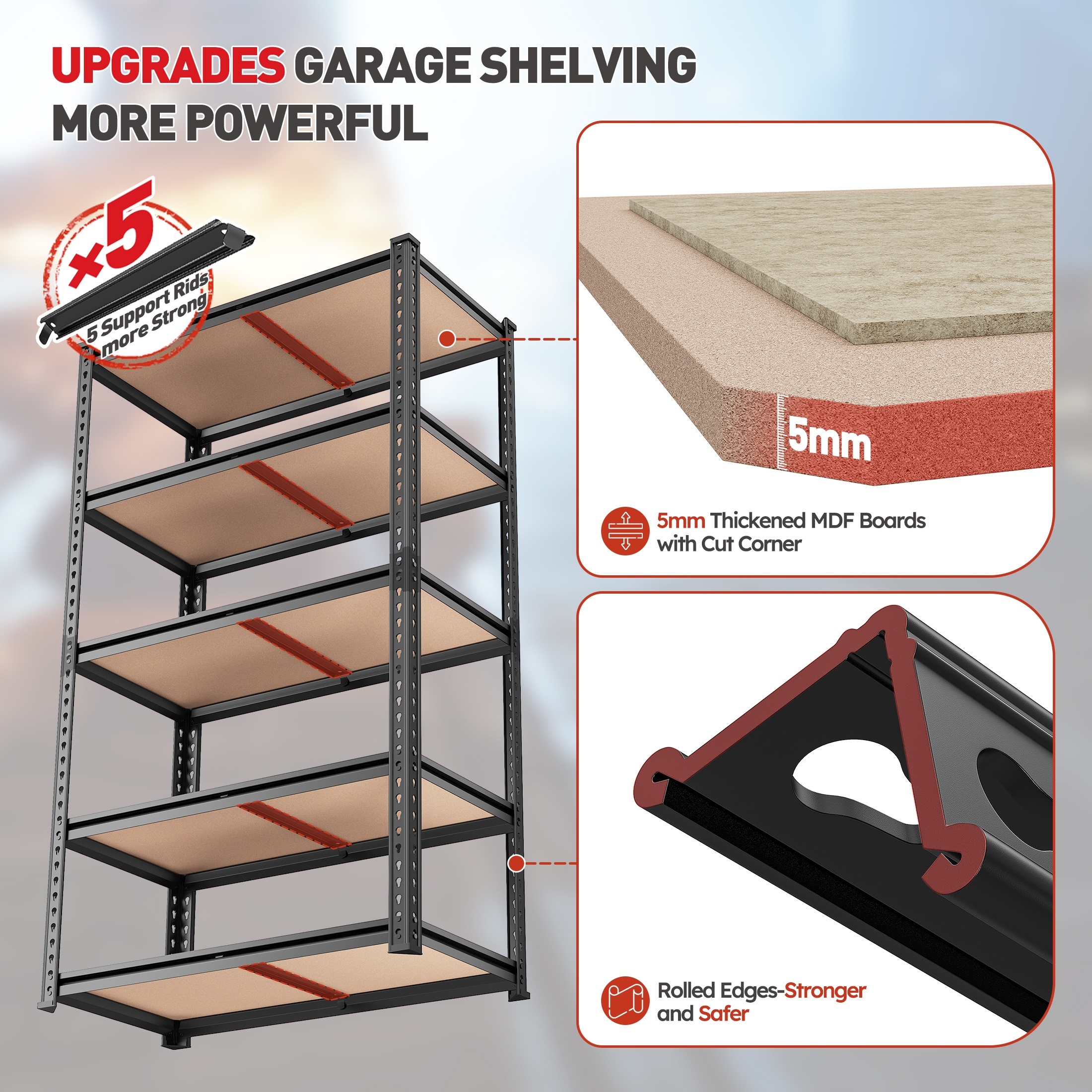5-Tier Heavy Duty Shelving Unit 2000LBS Capacity - 72"W x 36"D x 16"H Industrial Storage Rack, Matte Black Garage Shelves