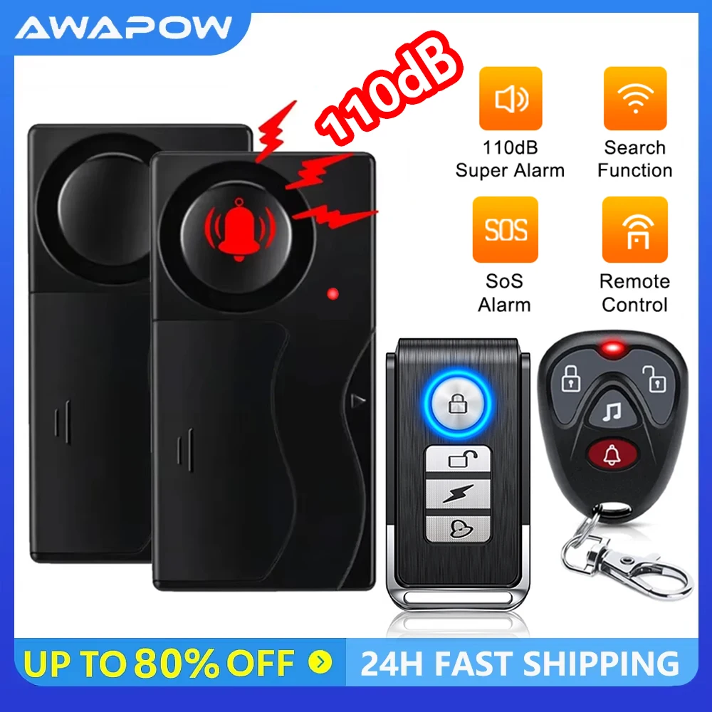 Awapow alarme de vélo à vibrations sans fil avec télécommande alarme de porte et fenêtre antivol 110dB sécurité de vélo à domicile forte