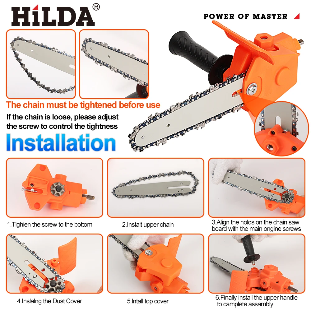 HILDA-taladro eléctrico de 4/6 pulgadas, adaptador de sierra de cadena eléctrica, kits de cabezales de conversión portátiles, herramientas de poda para carpintería