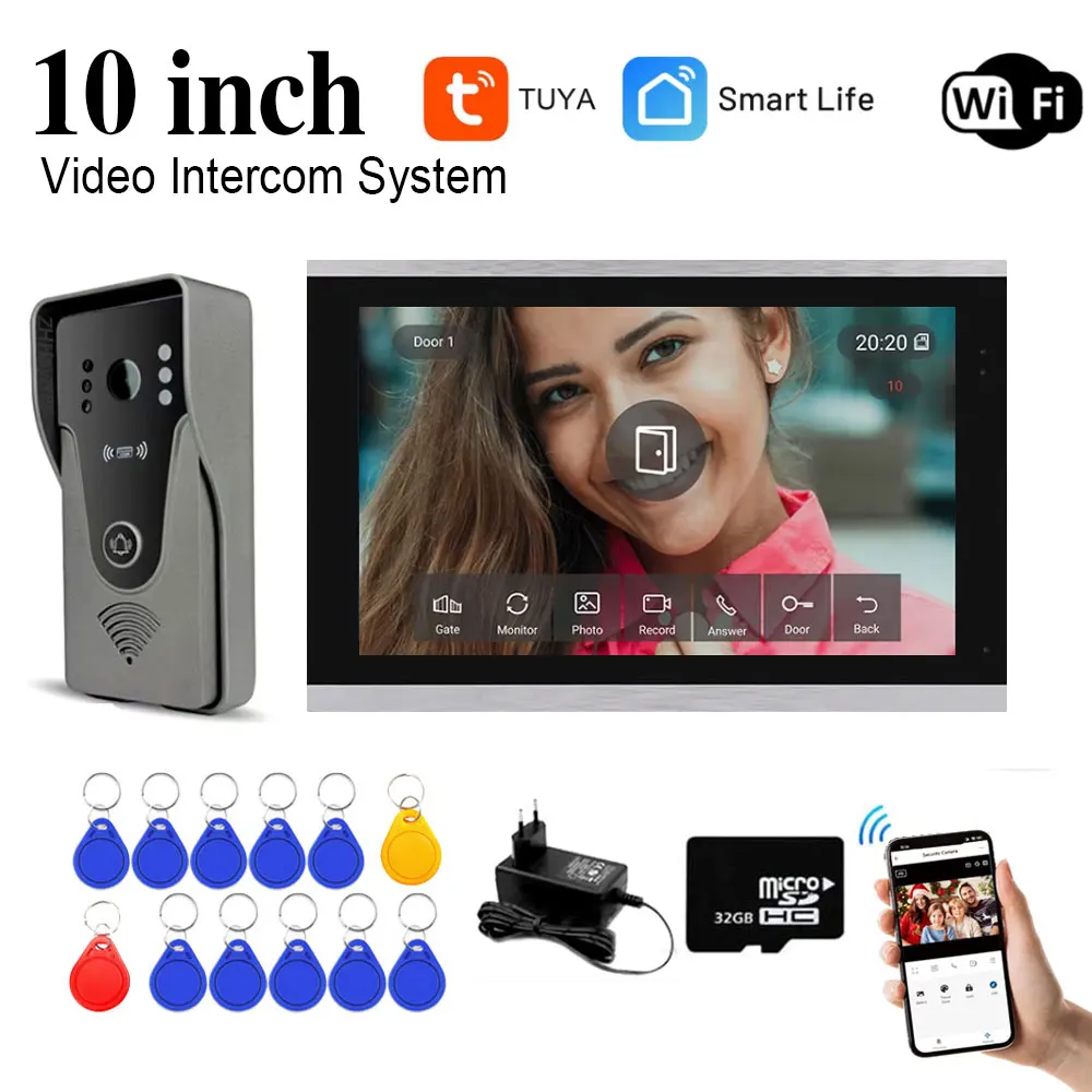 10 inch kleurenaanraakscherm Tuya 1080P draadloze WiFi-videodeurbel Smart APP Home Intercom Kit voor RFID-toegangscontrolesysteem
