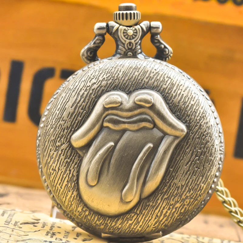 Vintage bronce Steampunk lengua grande concha tallada cuarzo reloj de bolsillo collar colgante cadena de reloj hombres mujeres cadena regalo