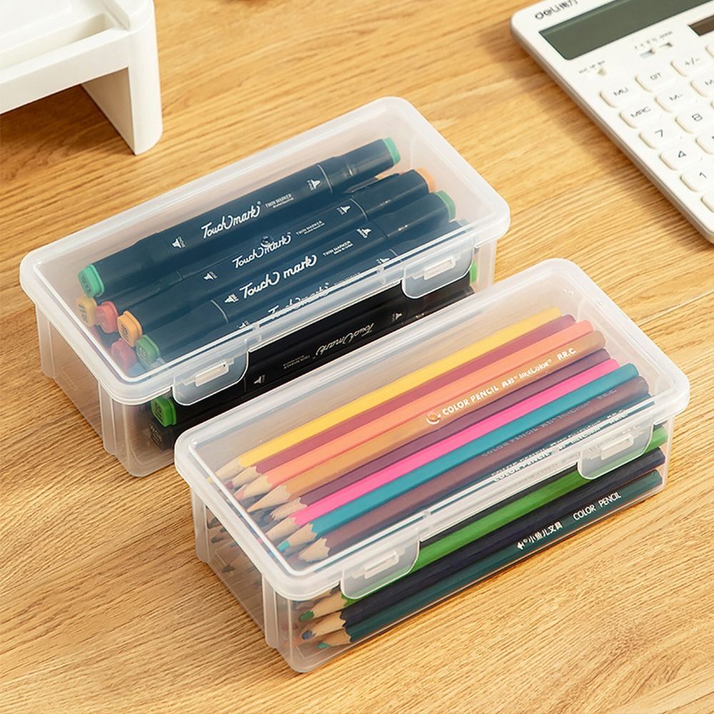 Large Capacity Storage Box Transparent Plastic Stationery Case Portable Pencil Case Office Stationary Supplies Desktop Organizer