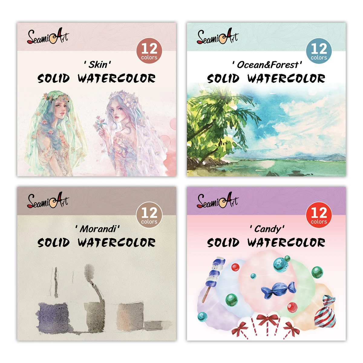 SeamiArt 12색 스킨/오션/캔디/모란디 솔리드 수채화 세트 페인팅 미술 용품을 위한 간단한 패키지