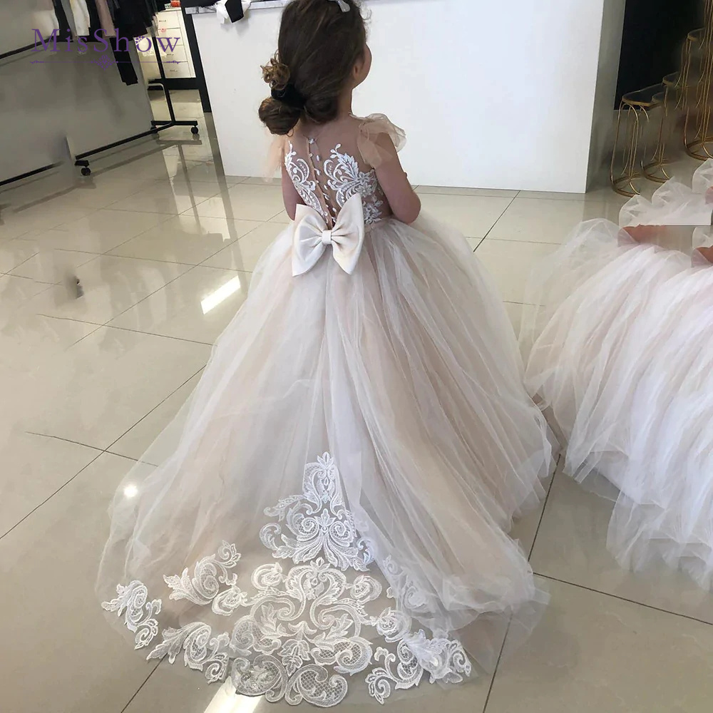 Misshow-vestido de princesa com rendas e tule para meninas, vestido de baile princesa sem mangas, vestidos de primeira comunhão para casamento