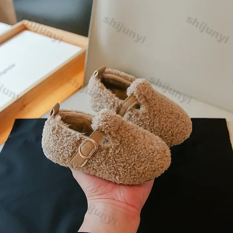 เด็กรองเท้าผ้าฝ้ายอุ่นฤดูหนาวใหม่ชายหญิงแบนขนสัตว์ Toe รองเท้าอุ่นรองเท้าลื่น Comfy Soft Sole รองเท้าแตะ Plush