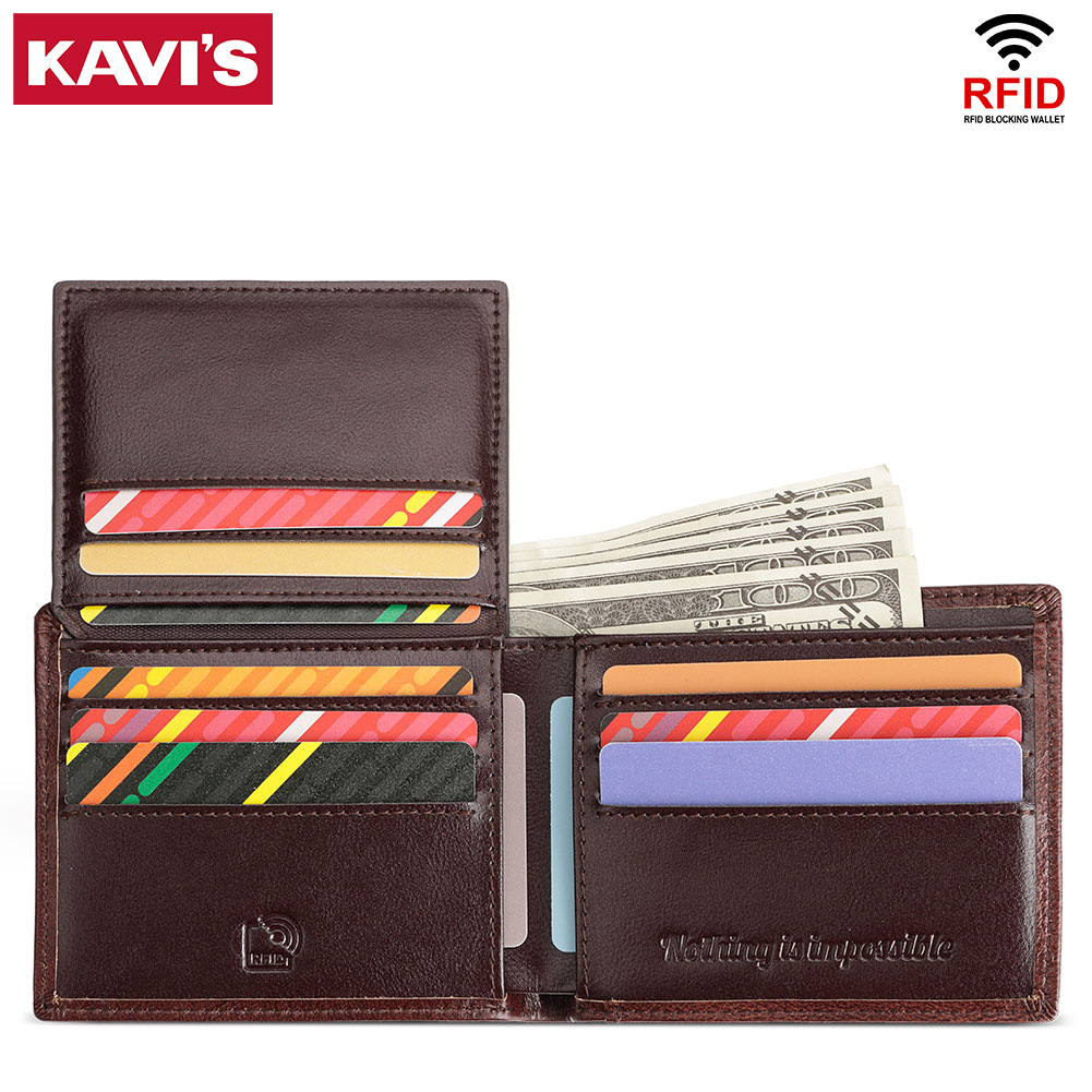 KAVIS Handmade กระเป๋าสตางค์ผู้ชายหนังแท้ RFID ผู้ถือบัตร ID หน้าต่างความจุขนาดใหญ่ชายเก็บเงินกระเป๋าแฟชั่น