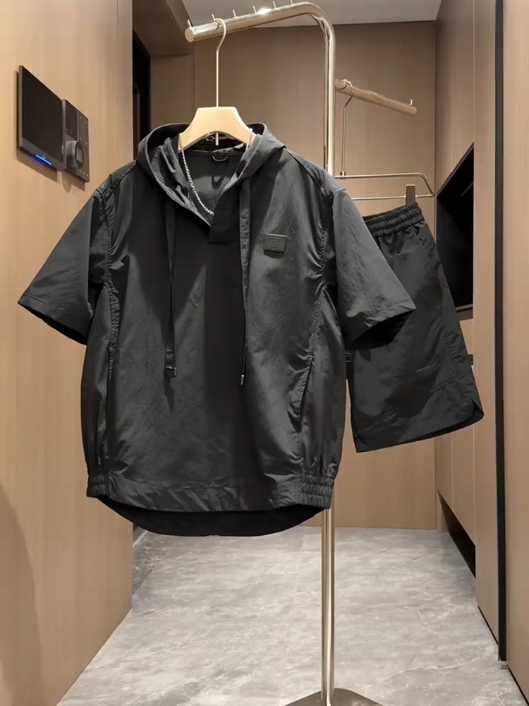 Conjunto de Roupas Casuais de Verão em Seda Gelada, Mole Solto de Manga Curta e orts, Conjunto de Duas Peças para Homens...